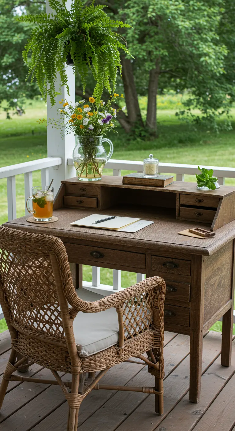 Escritorio de madera en un porche, con silla de mimbre, flores frescas y vistas a un jardín verde.