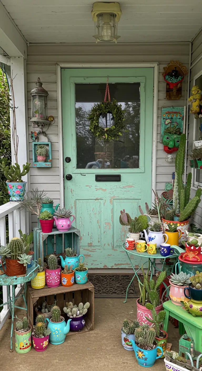 Porche ecléctico y abarrotado de cactus plantados en teteras, tazas y otros recipientes originales.