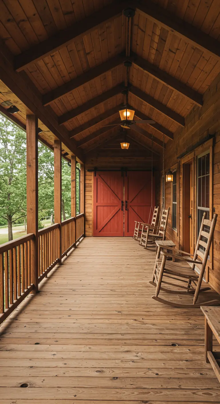 Largo porche de madera con varias mecedoras y unas puertas de granero dobles de color rojo al fondo.