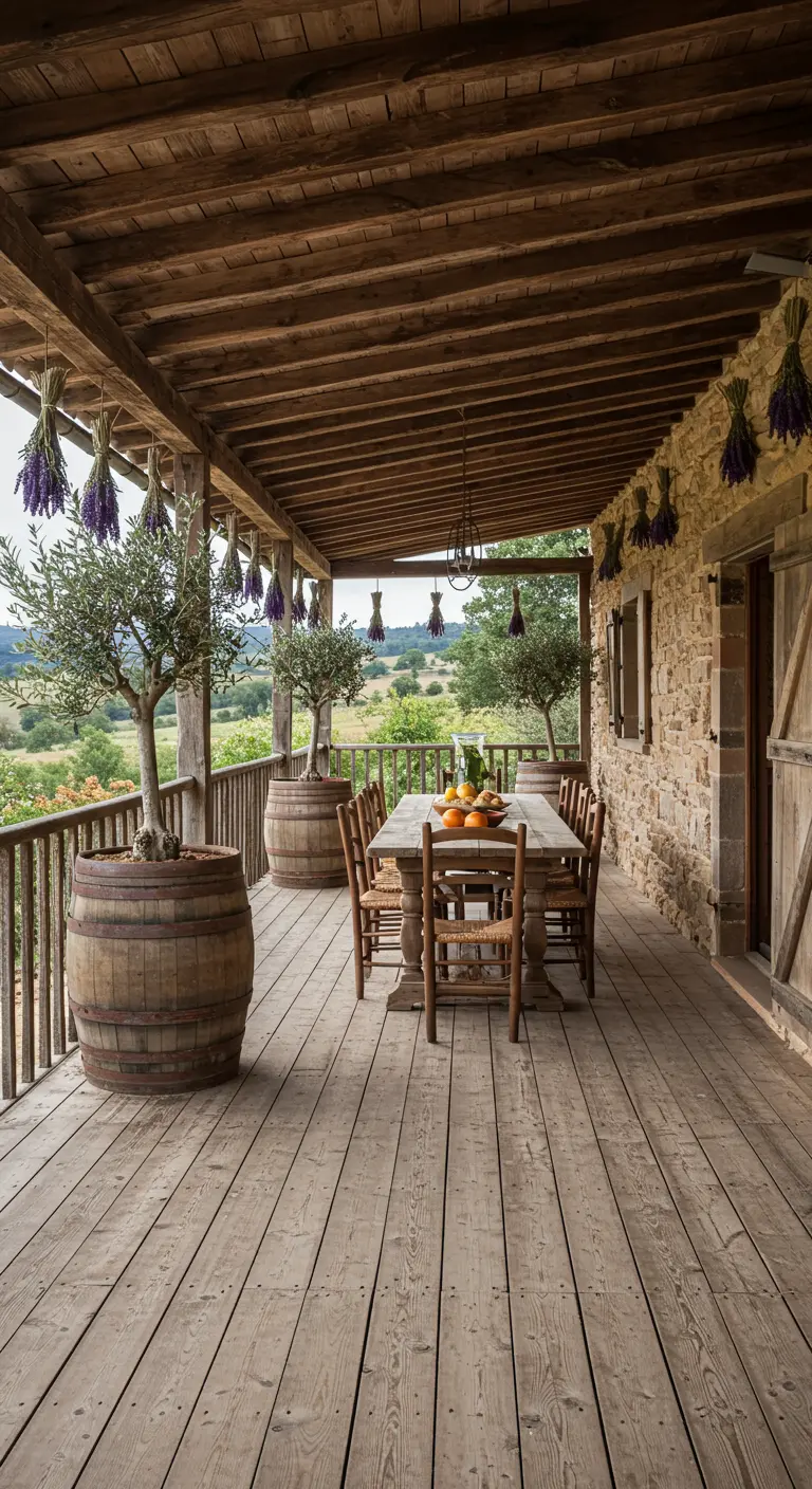 Porche rústico de madera con una mesa de comedor, olivos en barriles y ramos de lavanda colgados.