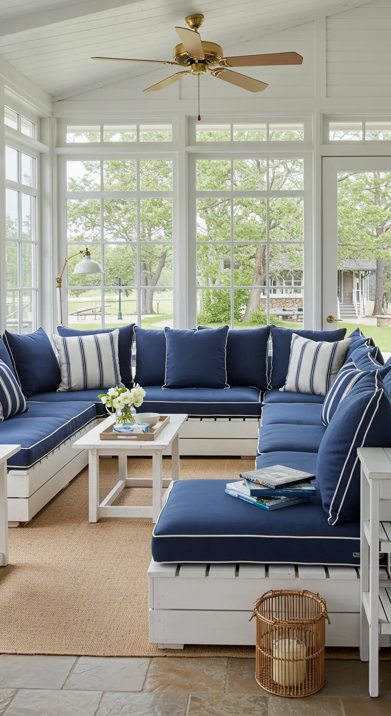 Porche acristalado con un gran sofá modular en U de madera blanca y cojines azul marino.