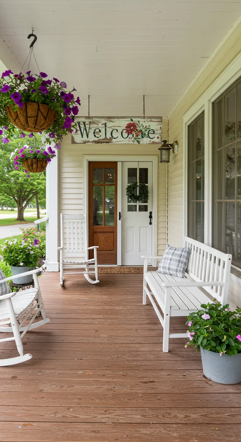Amplio porche de madera con mecedoras, banco blanco y un letrero floral de bienvenida colgante.