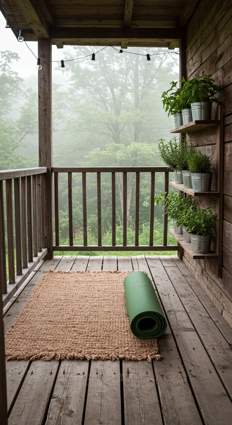 Porche de madera rústico con un jardín vertical de hierbas aromáticas.