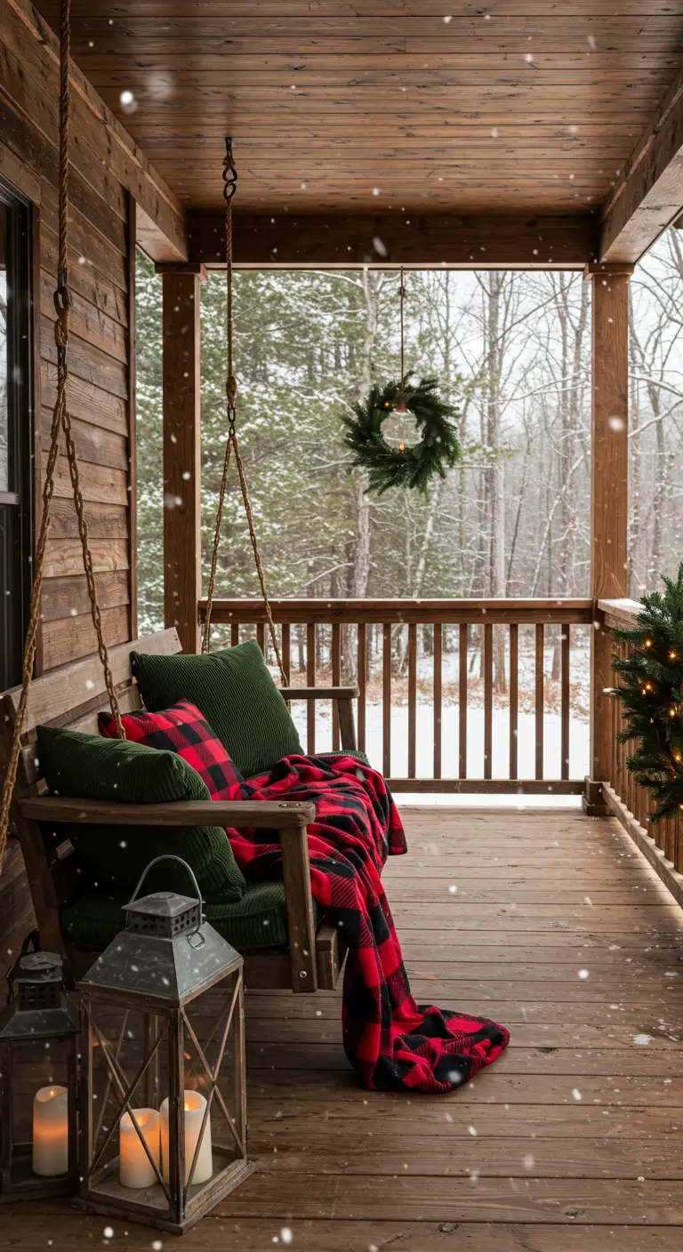 Columpio de porche de madera con manta de cuadros rojos y negros en un paisaje nevado.