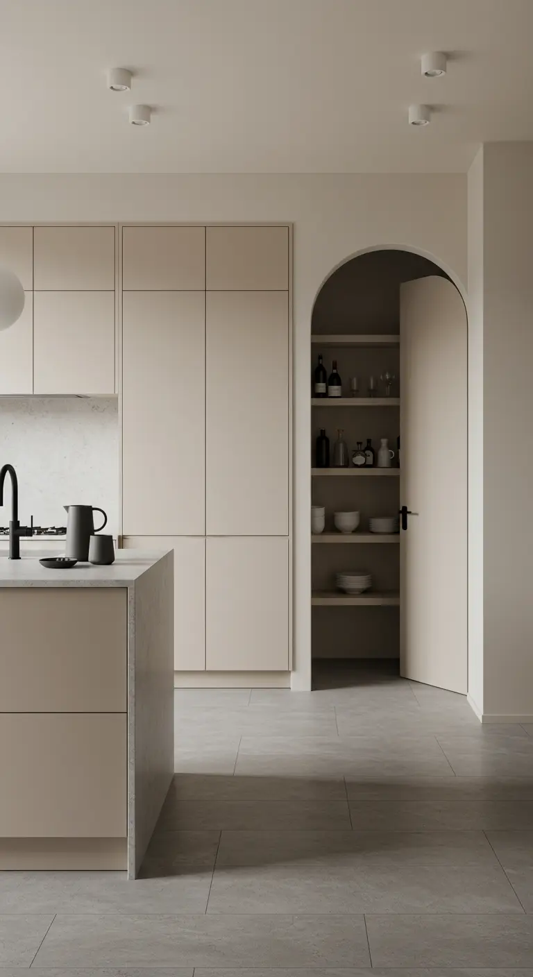 Cocina moderna beige con una puerta arqueada que conduce a una despensa organizada