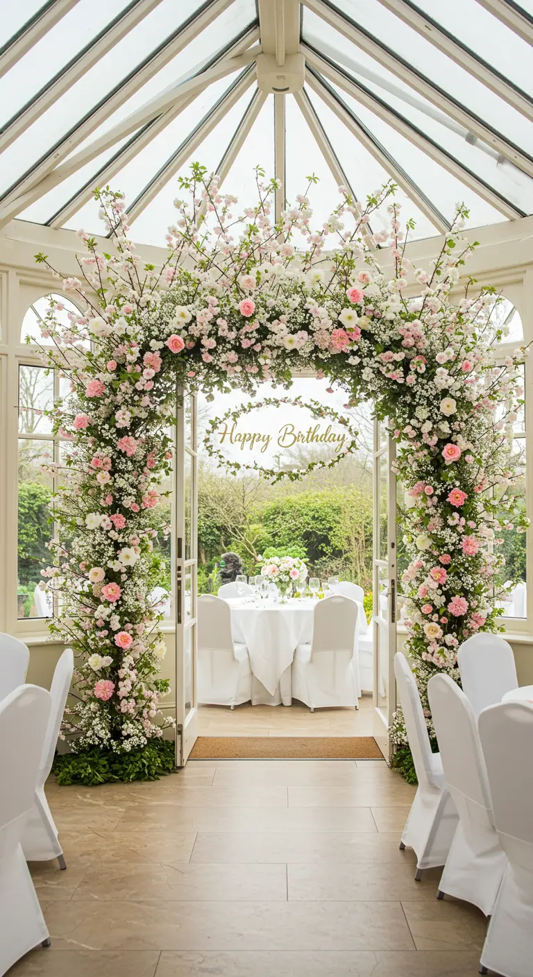 Arco de cumpleaños hecho de flores de cerezo, rosas y claveles en un invernadero.