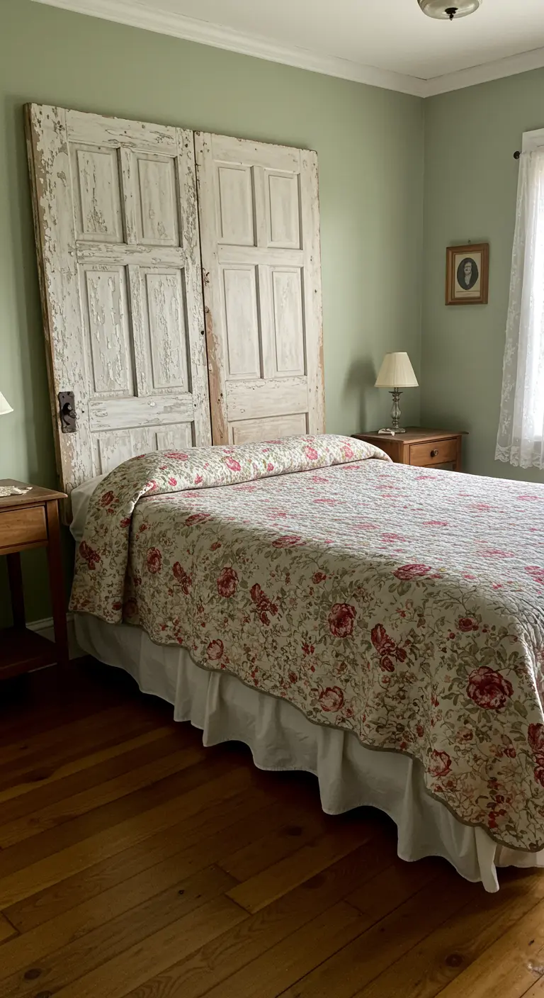 Dos puertas de madera antiguas con pintura blanca decapada usadas como cabecera en un dormitorio.
