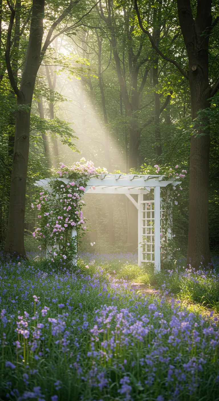 Pérgola de madera blanca en medio de un bosque, cubierta de rosas y rodeada de un campo de flores azules.