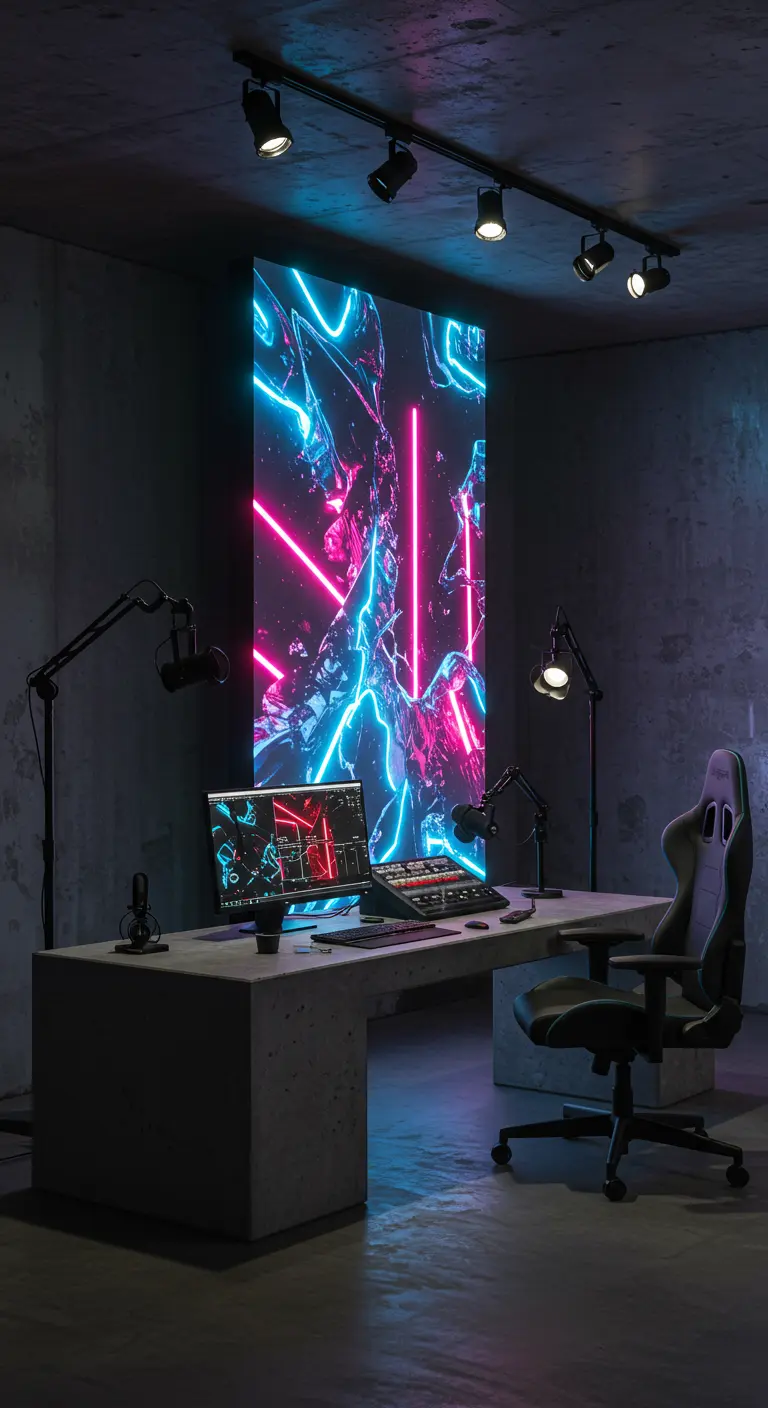 Espacio de podcast futurista con un gran panel LED de neón y un escritorio de hormigón.
