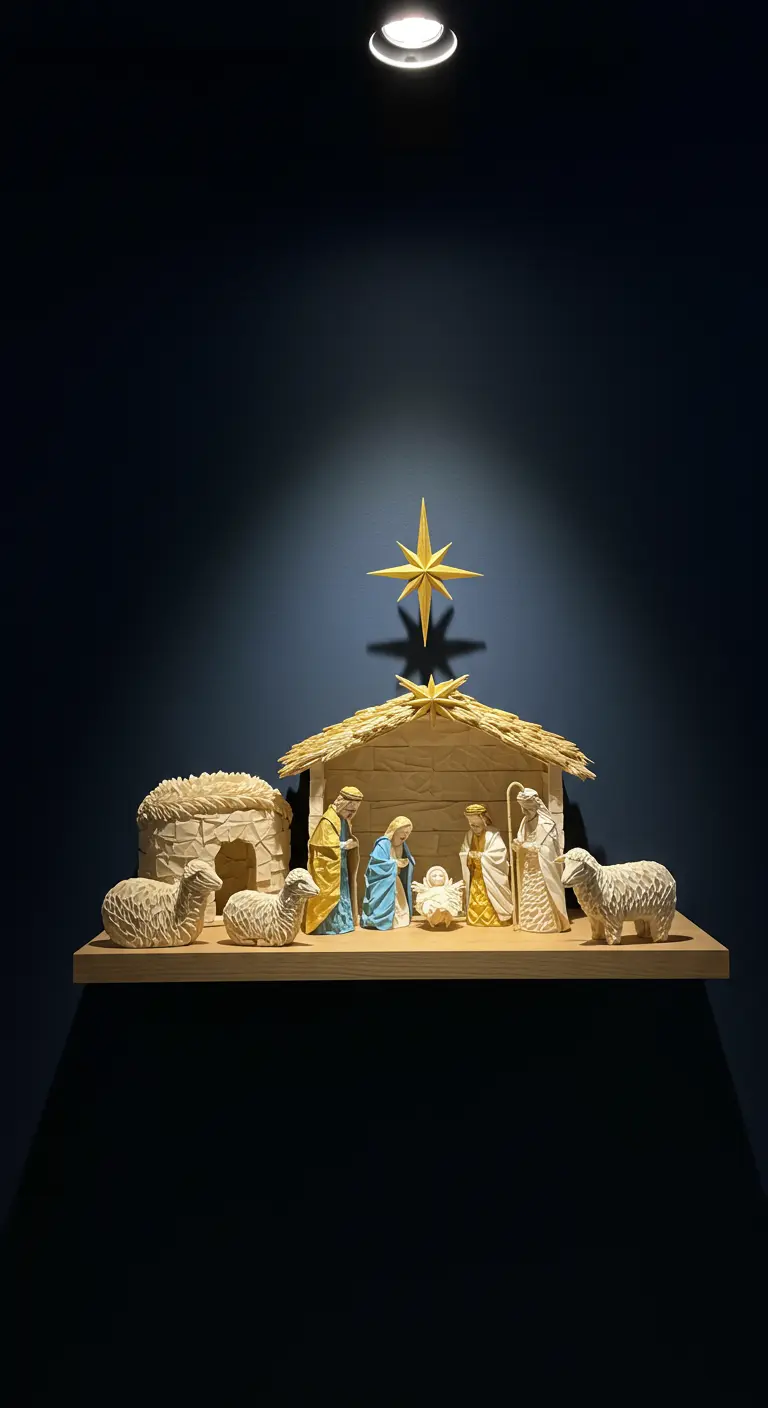 Belen en una repisa iluminado por un único foco cenital sobre un fondo oscuro.