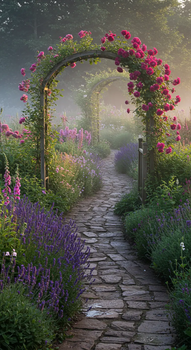 Camino de losas irregulares bajo un arco de rosas fucsias y lavanda en un jardín neblinoso.