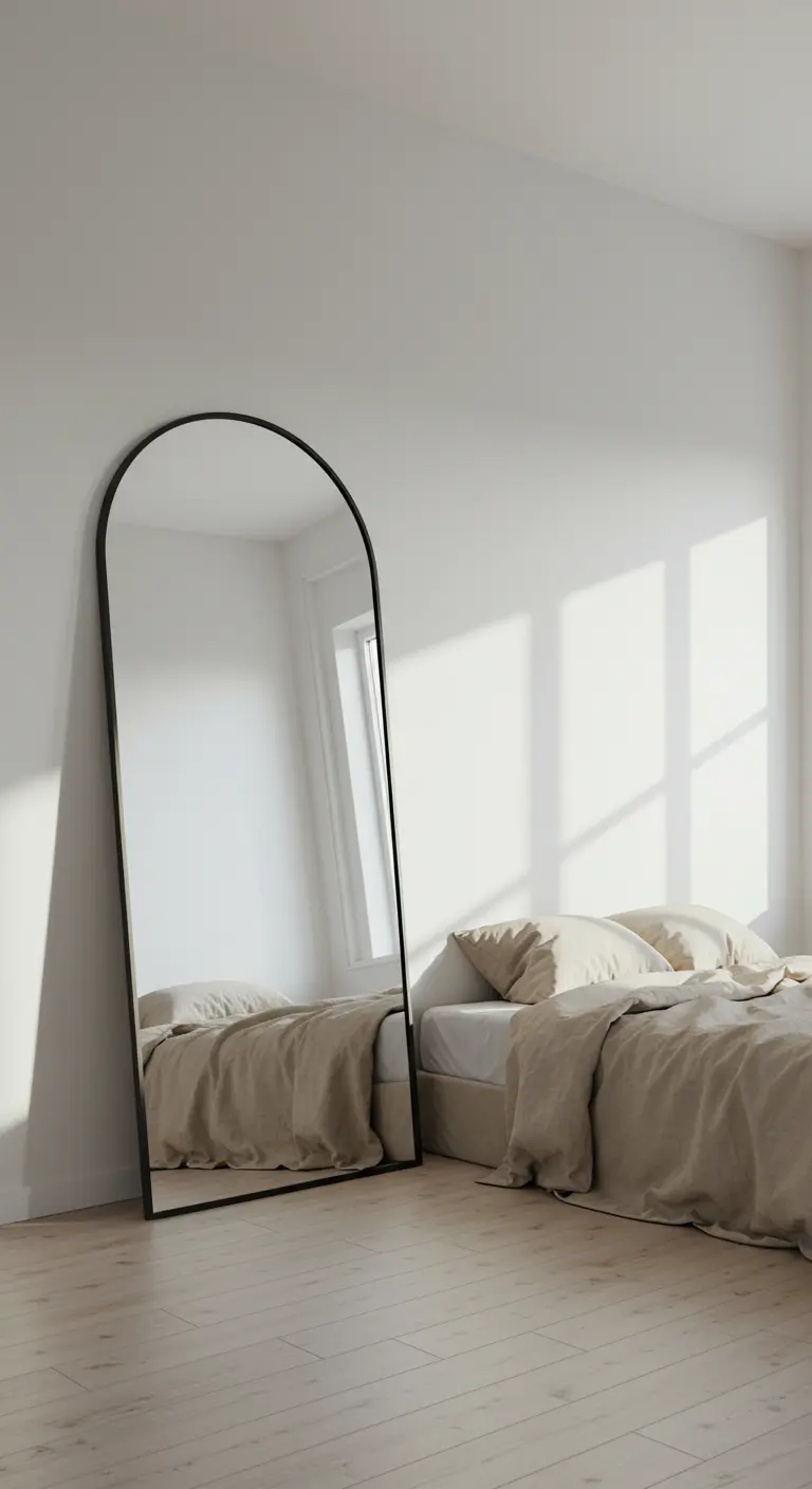 Espejo de suelo grande con marco negro y forma de arco apoyado en la pared.