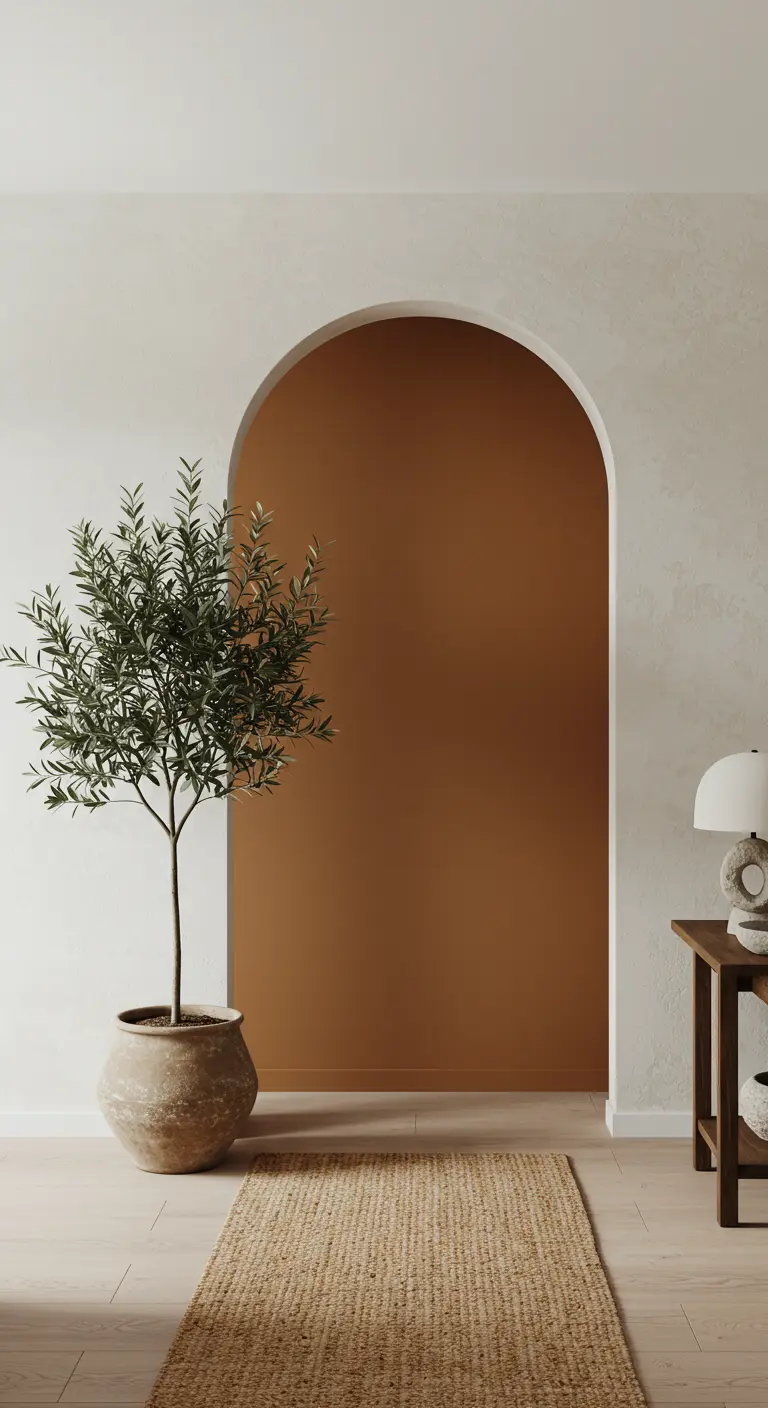 Pasillo con un arco pintado en color terracota que enmarca una entrada.