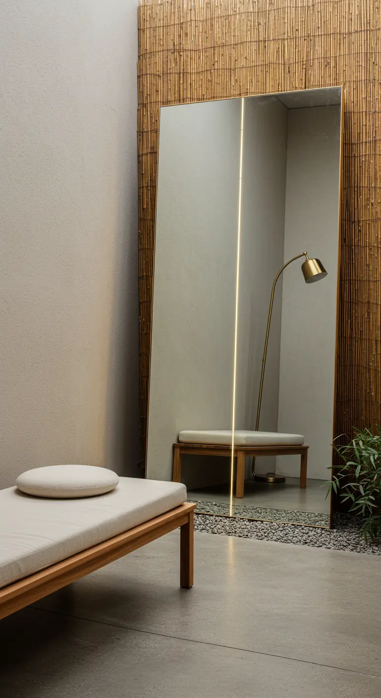 Espacio minimalista con un espejo de cuerpo entero apoyado en una pared de bambú y una tumbona de madera.