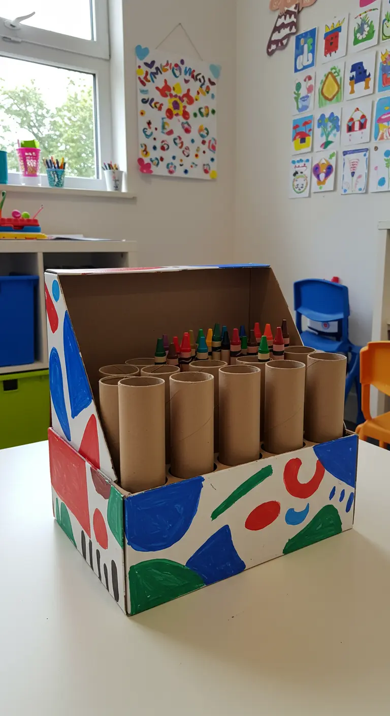 Caja de zapatos decorada con dibujos infantiles y llena de tubos de cartón para organizar lápices de colores.