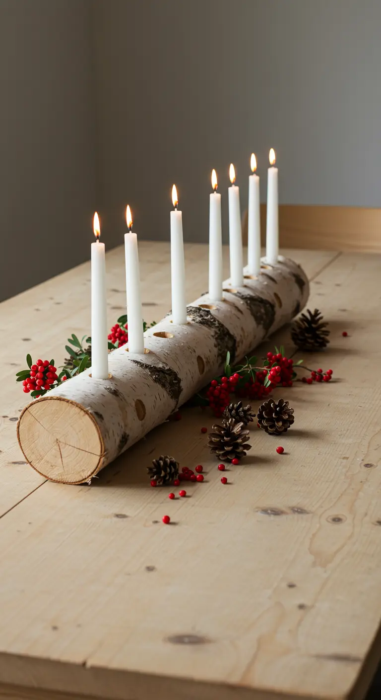 Portavelas hecho con un tronco de abedul, con velas blancas finas y decorado con bayas y piñas.