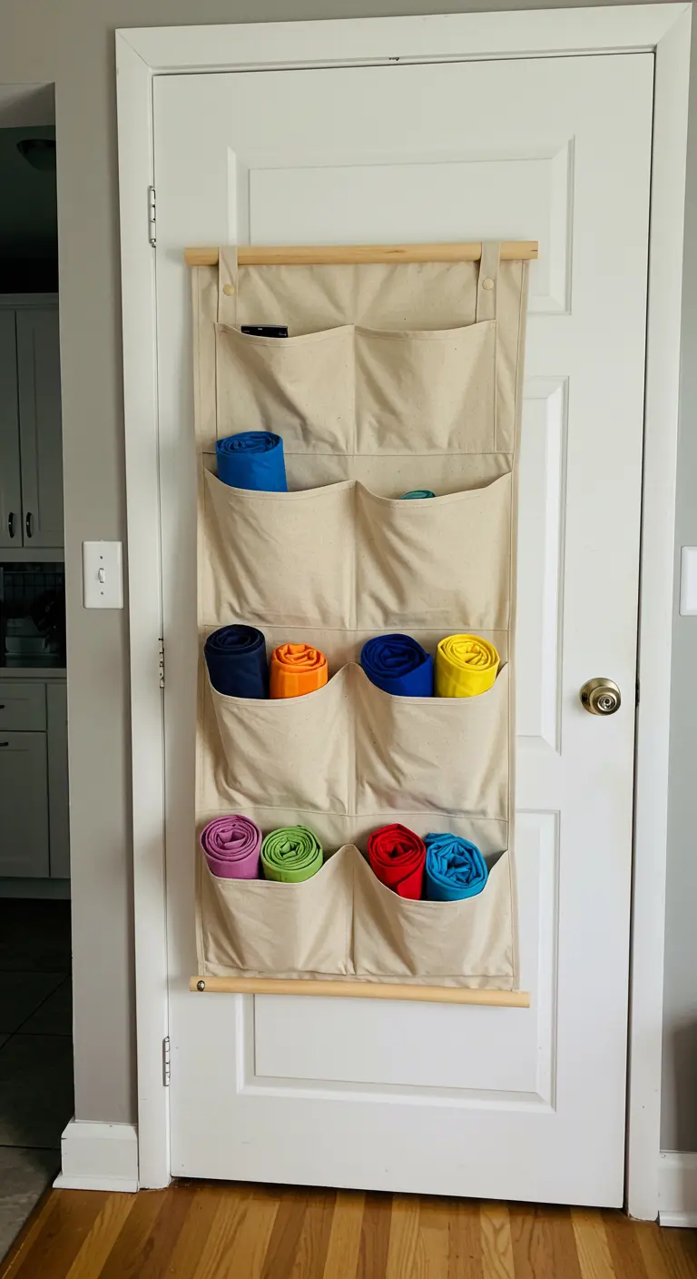 Organizador de tela de color crudo con múltiples bolsillos colgado en una puerta blanca.