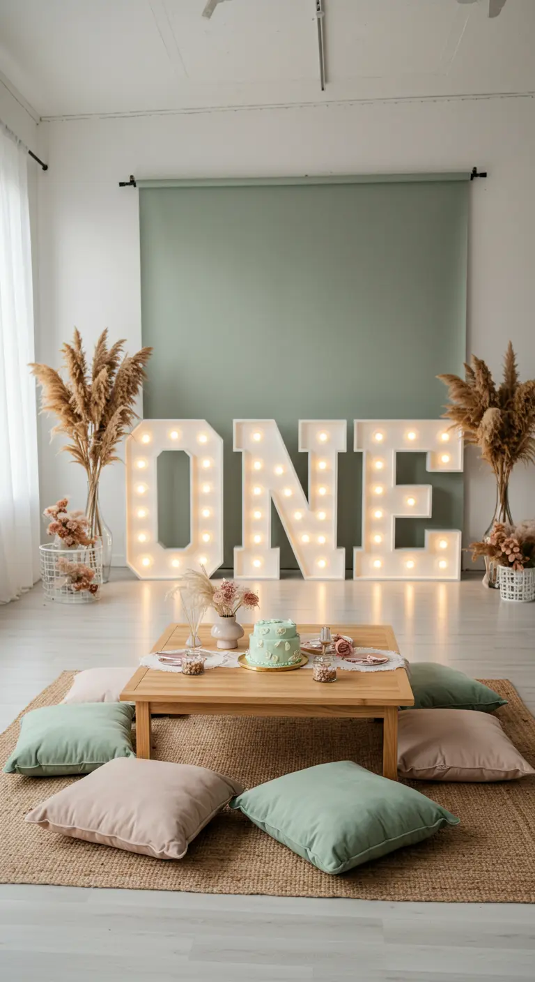 Letras 'ONE' iluminadas en una fiesta de primer cumpleaños de estilo bohemio con cojines en el suelo.