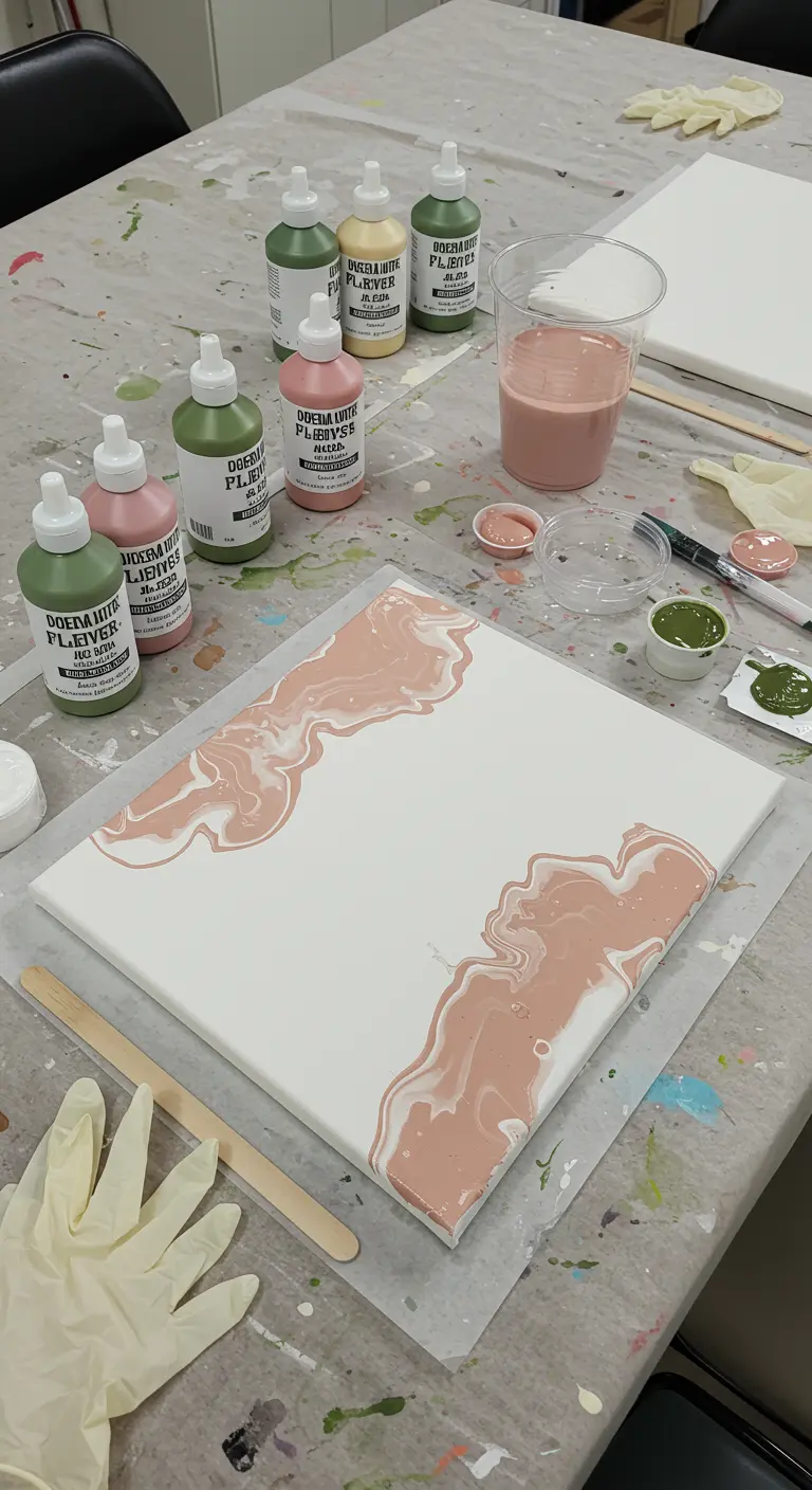 Lienzo blanco a medio terminar con pintura fluida en tonos rosas y verdes en los bordes
