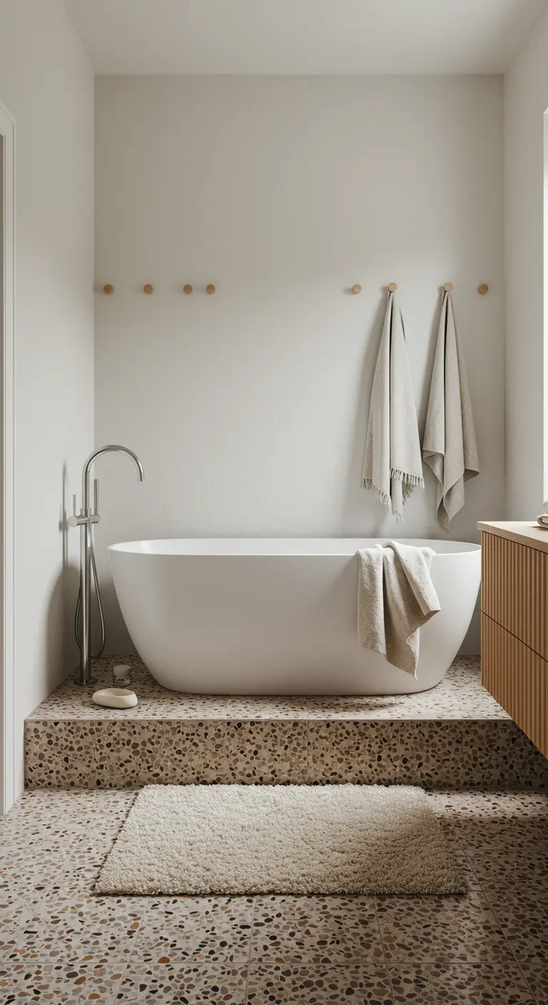 Baño con suelo de terrazo, bañera exenta sobre un escalón y colgadores de madera en la pared.