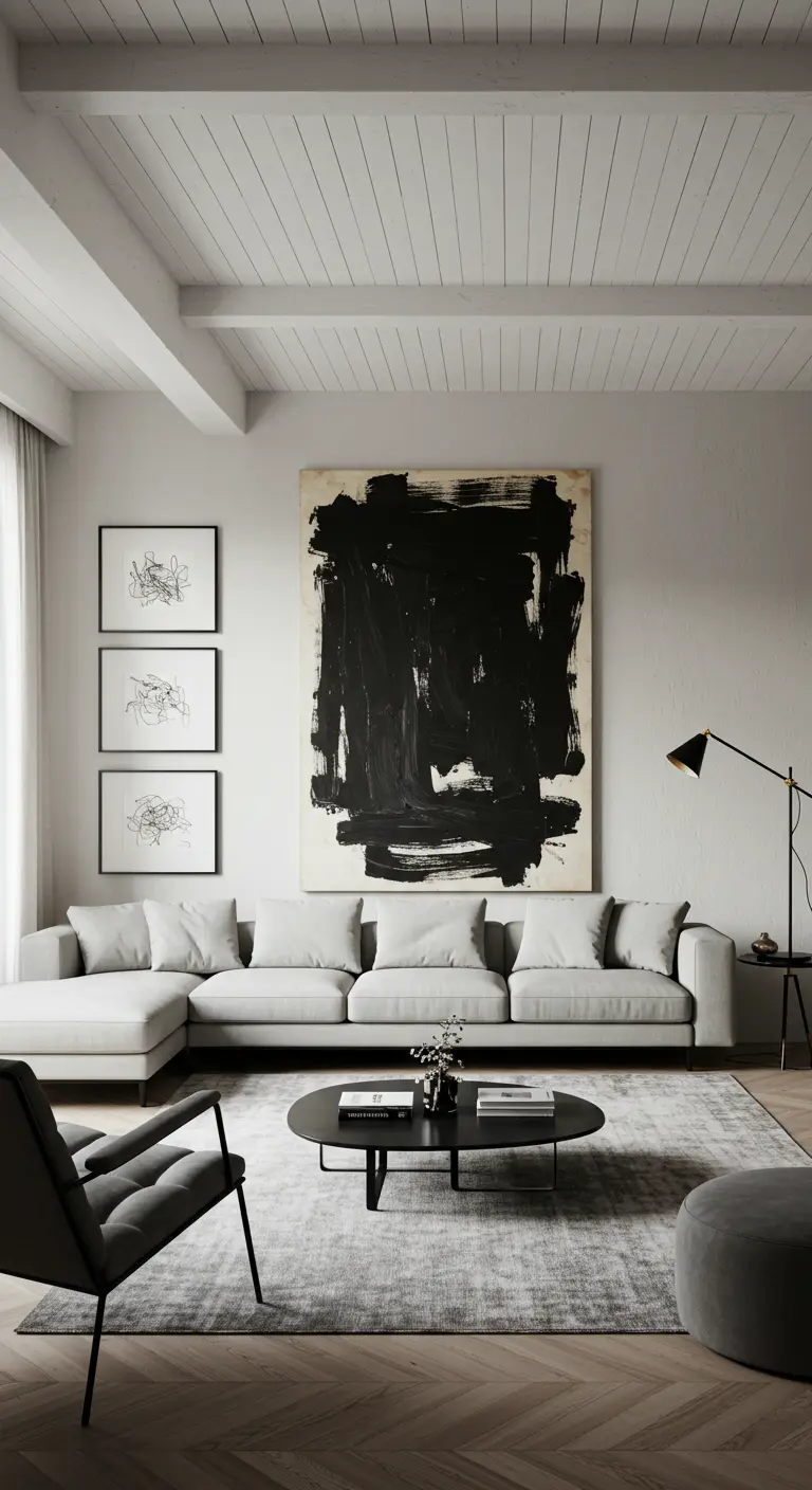 Sala de estar moderna con un gran cuadro abstracto en blanco y negro como pieza central