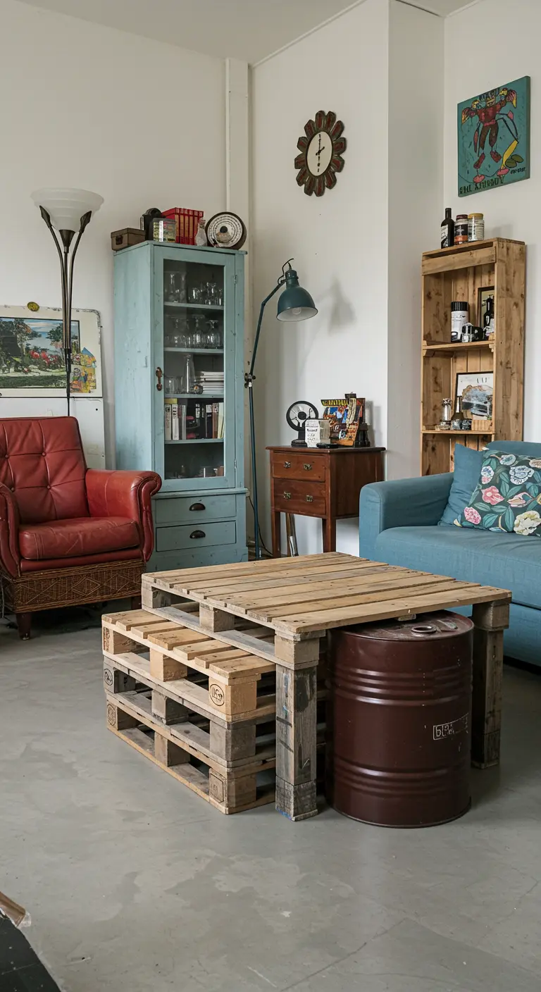 Mesa nido de estilo industrial hecha con palets de madera y un barril de metal