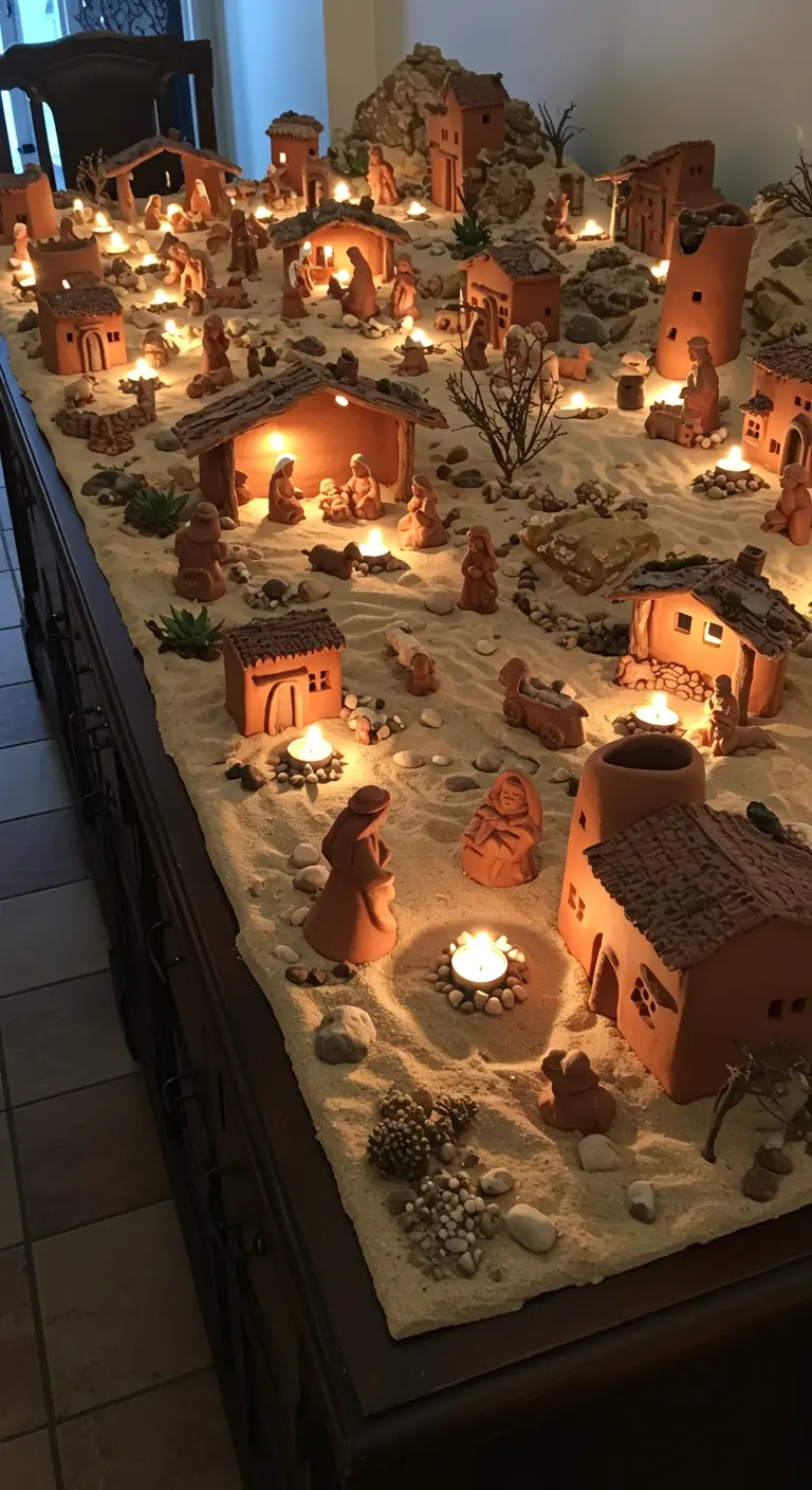 Gran belén de terracota sobre una mesa con arena, casas y muchas velas pequeñas encendidas.