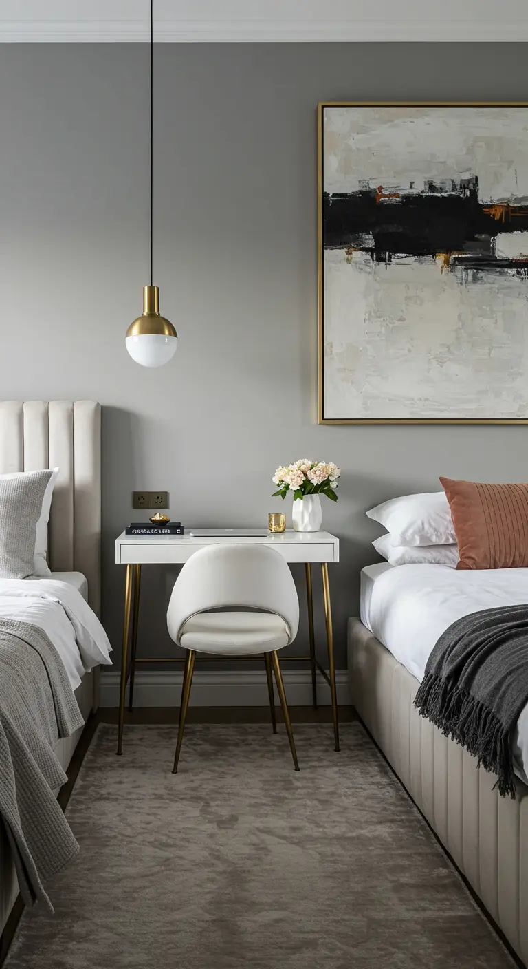 Escritorio blanco con patas doradas situado entre dos camas individuales en un dormitorio gris.