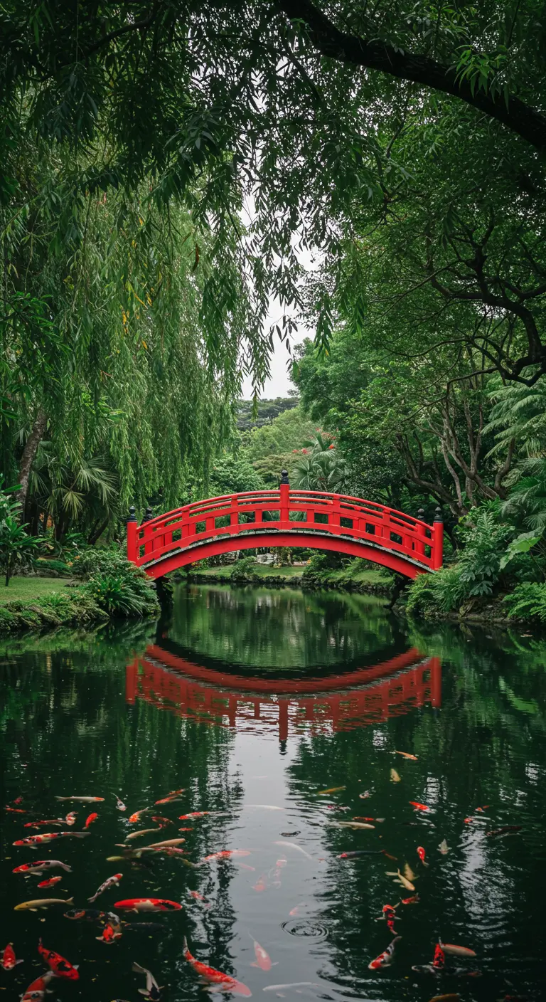 Puente japonés rojo vibrante arqueado sobre un tranquilo estanque de peces koi y sauces.
