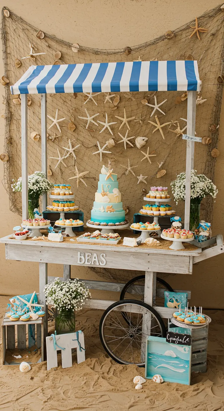 Carrito de postres de boda de estilo playero con fondo de red y estrellas de mar.