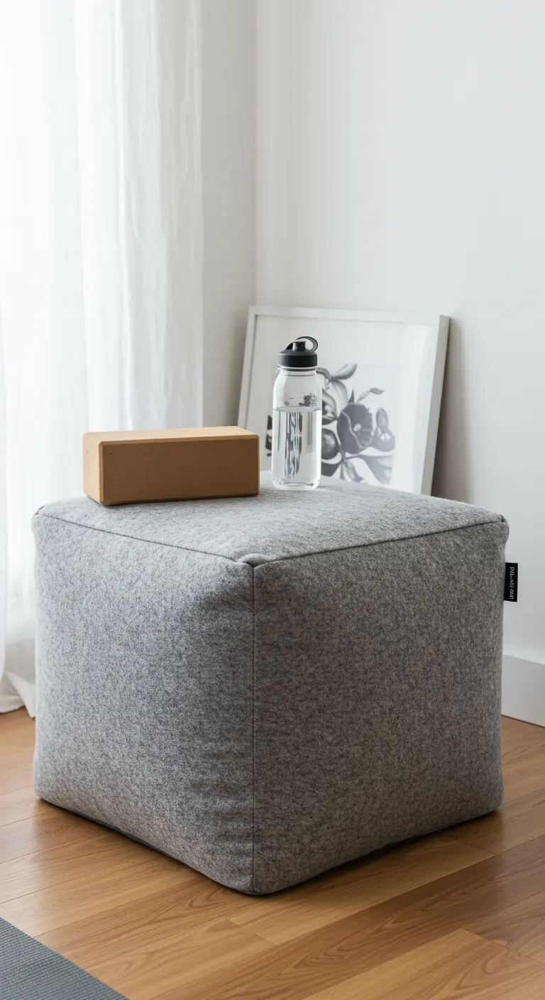 Puf cúbico de tela gris en un espacio de yoga minimalista.