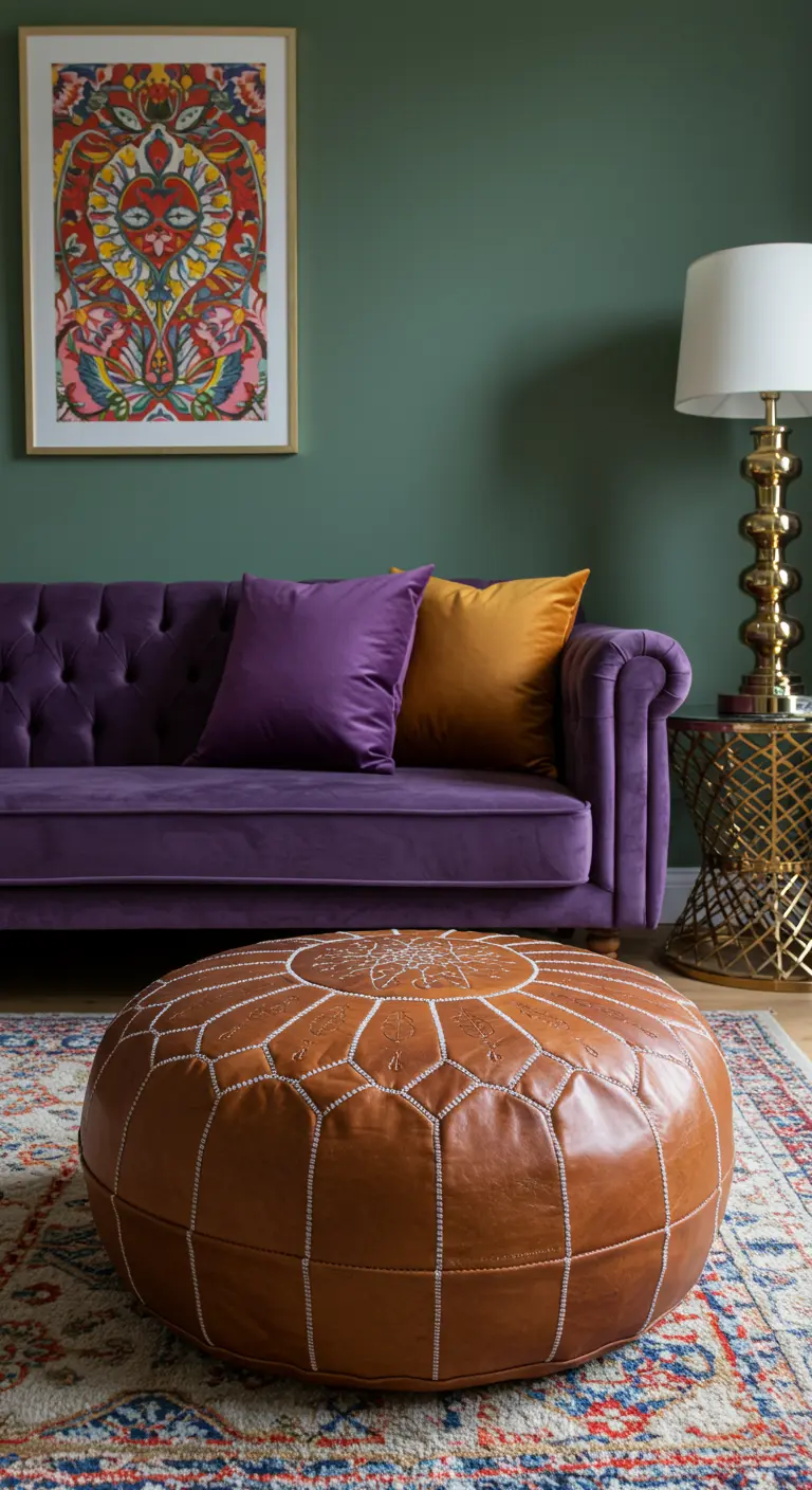 Salón con sofá de terciopelo morado y un puf de cuero marrón de estilo marroquí.