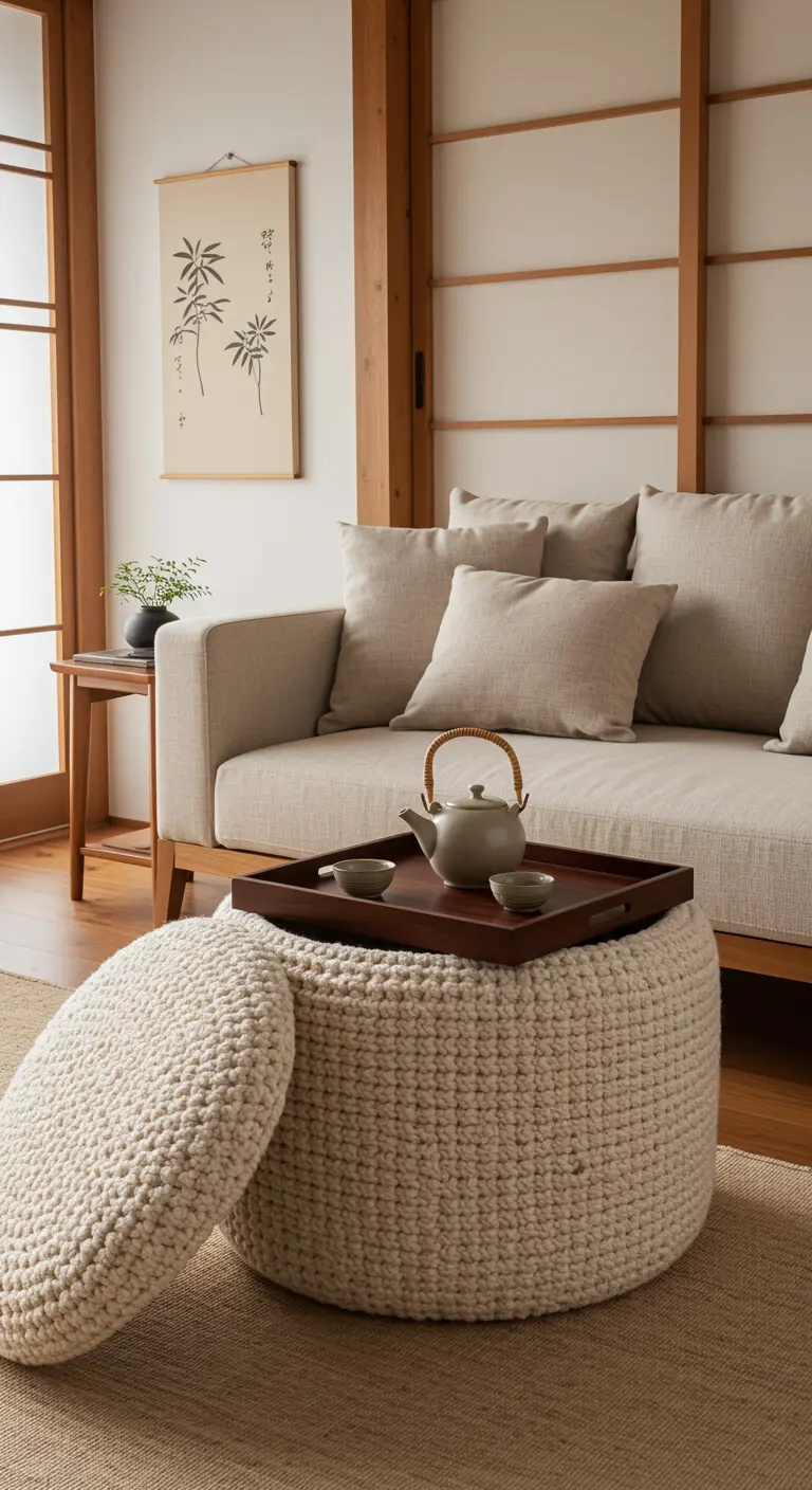 Puf de crochet color crema con tapa y almacenaje interior.