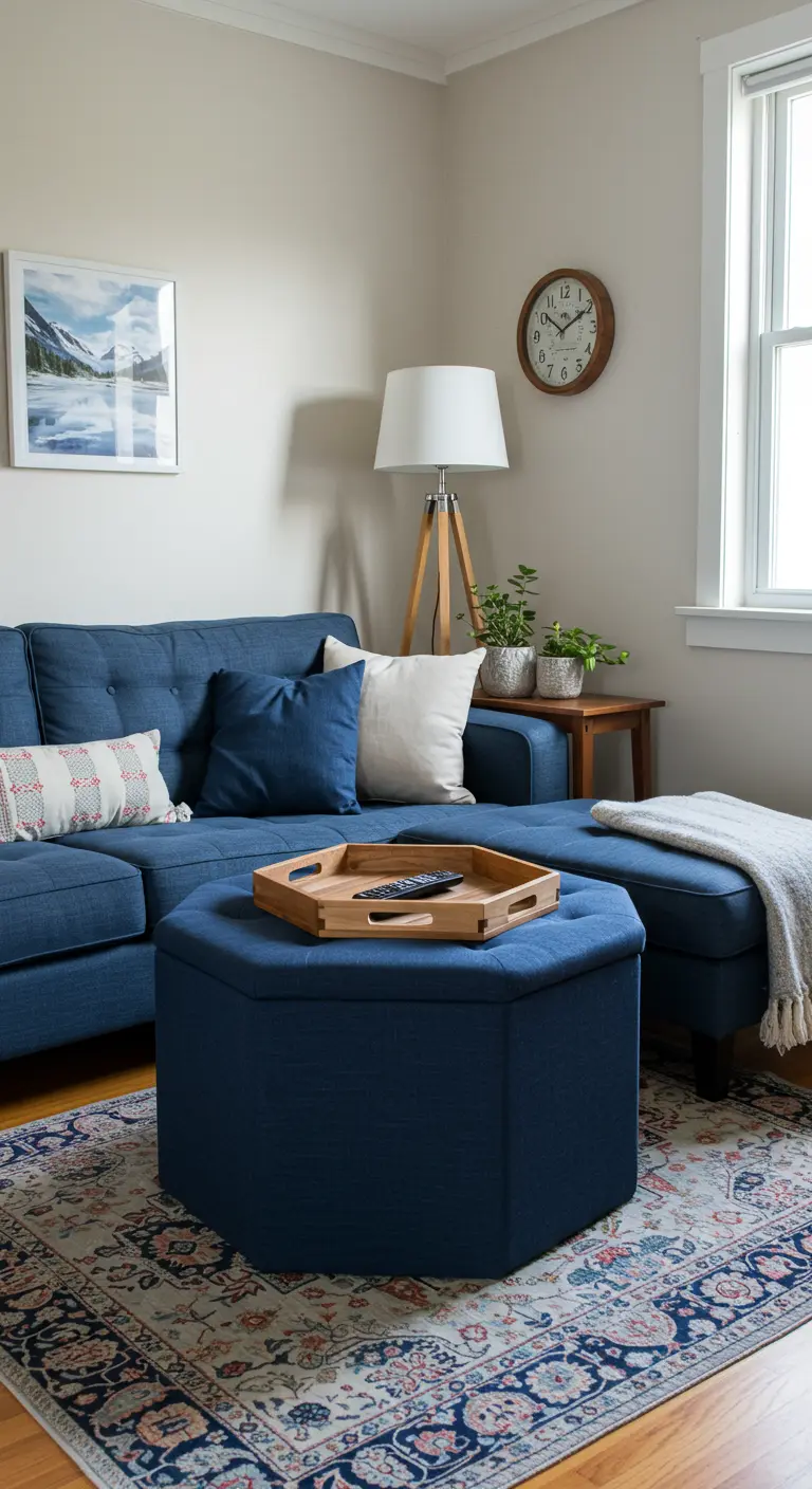 Puf de almacenamiento hexagonal de color azul junto a un sofá seccional en una sala de estar.