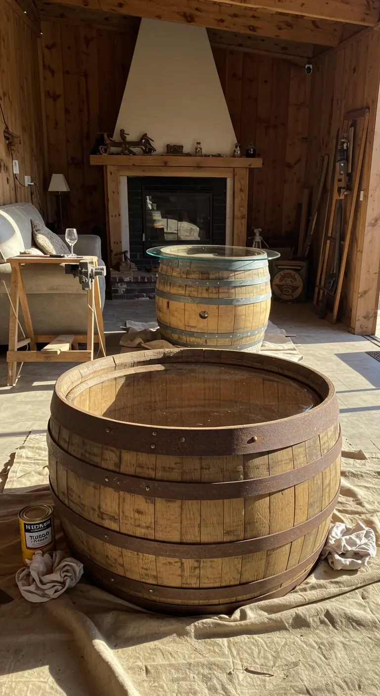 Un barril de madera a medio cortar y otro terminado como mesa con tapa de cristal