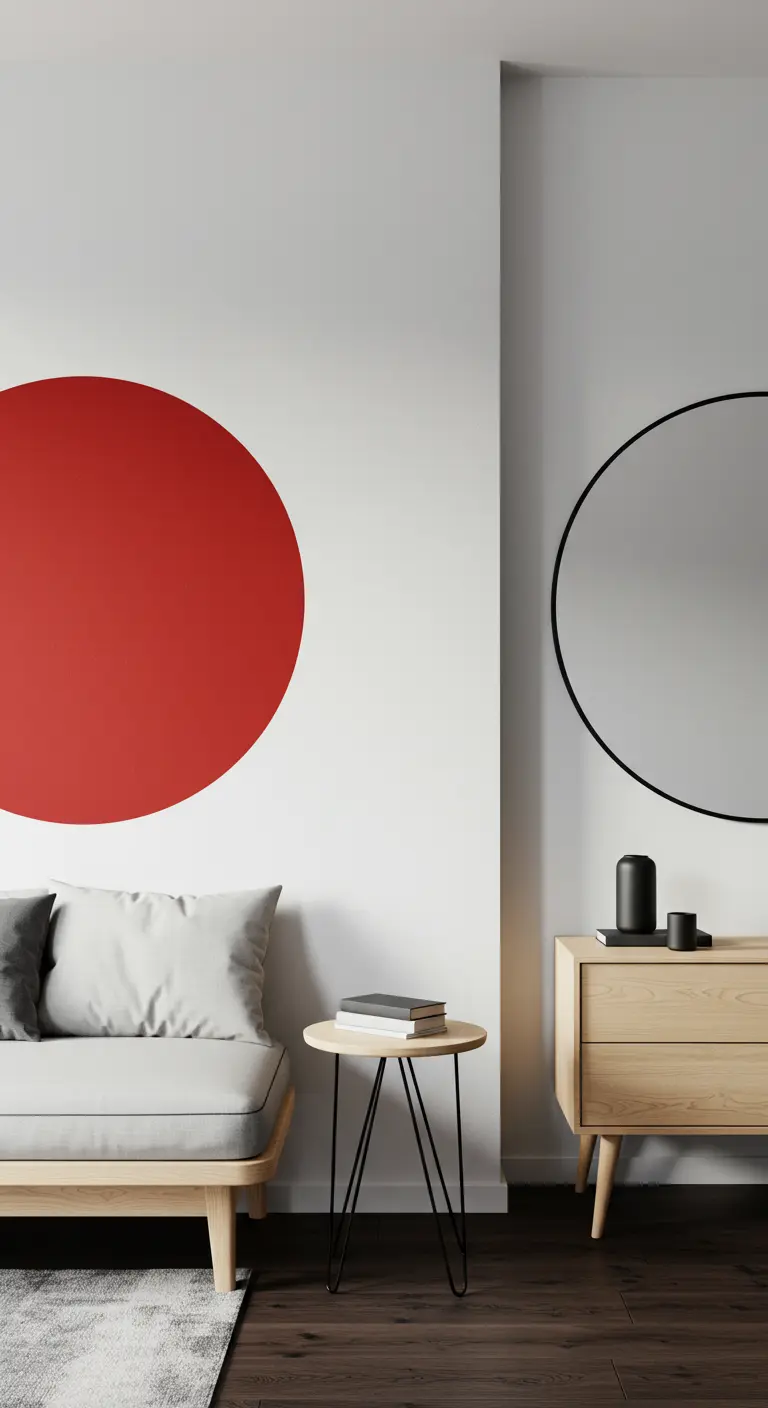 Pared blanca con un gran círculo rojo pintado, junto a un sofá y un espejo circular.