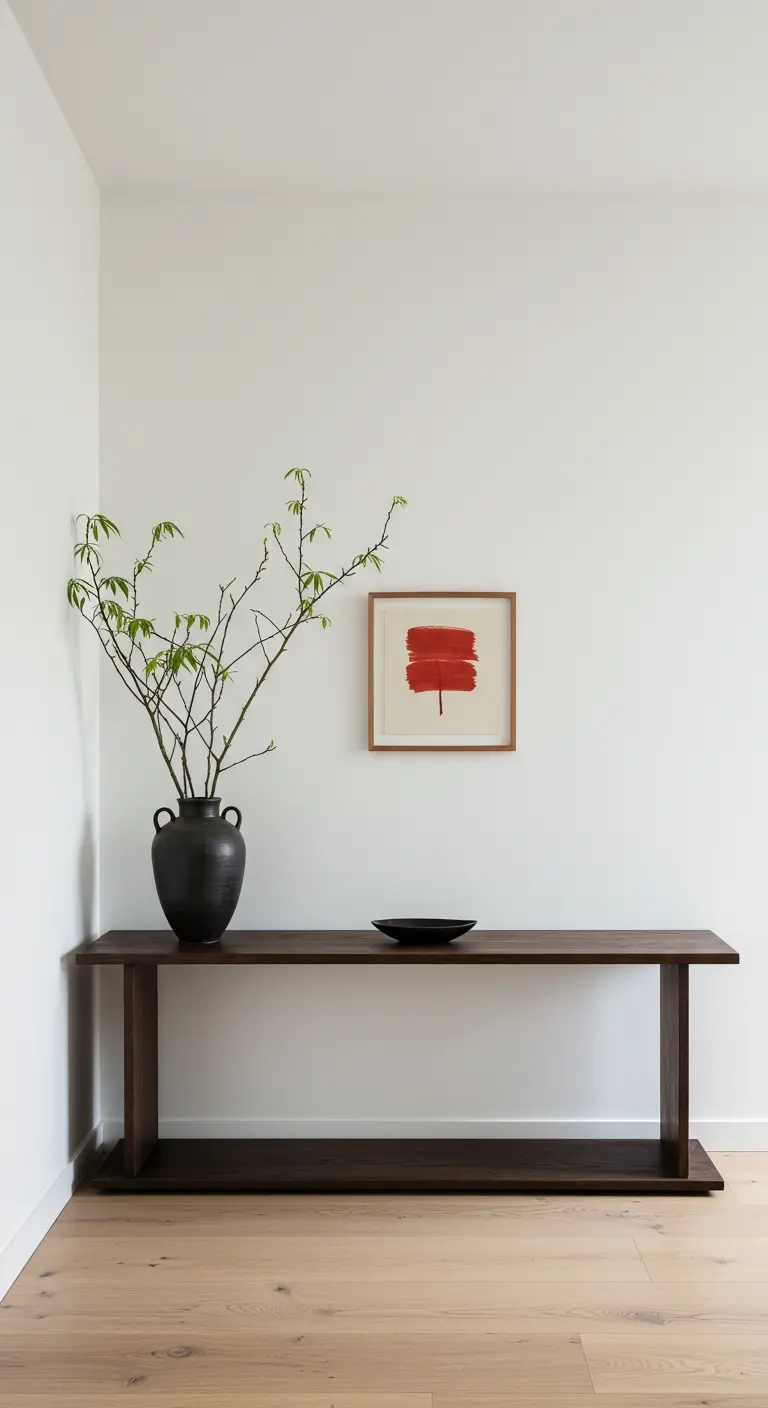 Consola de madera oscura con un jarrón con ramas y un cuadro con un trazo rojo.