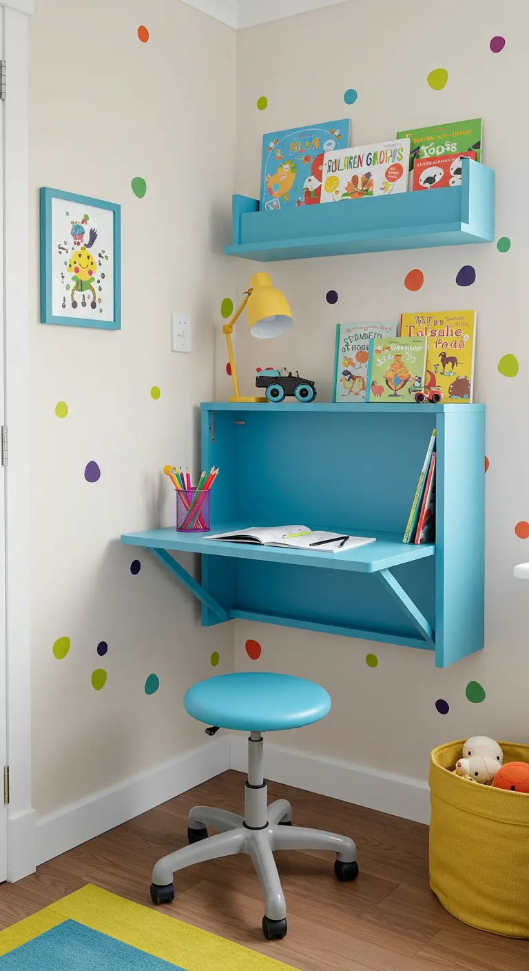 Escritorio de pared plegable azul en una habitación infantil con pared de lunares de colores.