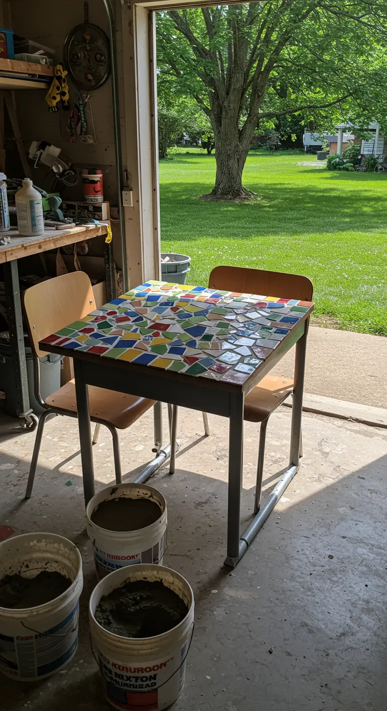 Viejo pupitre escolar cuya superficie ha sido cubierta con un mosaico de azulejos rotos de múltiples colores.