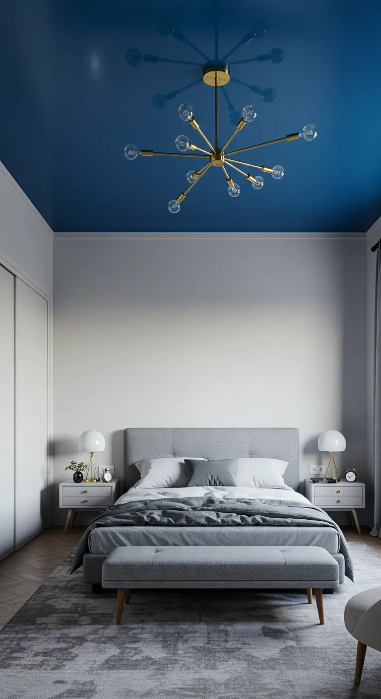 Dormitorio con paredes blancas y techo pintado de azul oscuro, con una lámpara de araña moderna.