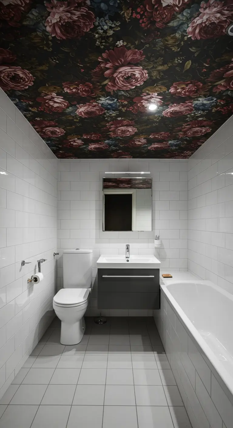 Baño con paredes de azulejo blanco y un techo cubierto de papel pintado floral oscuro