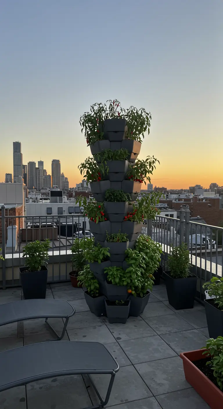 Torre de macetas apilables con pimientos y albahaca en una azotea con vistas.