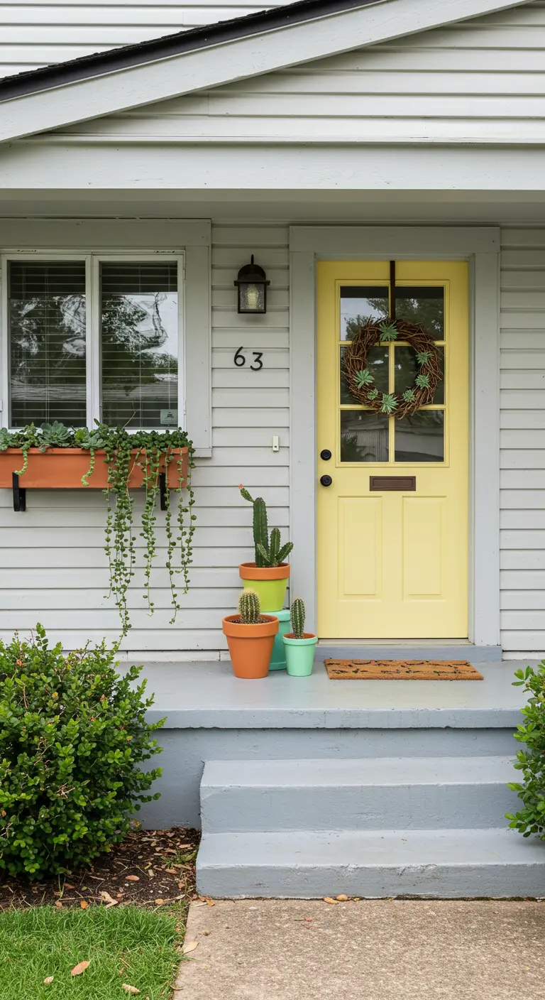 Porche con una puerta amarilla brillante, una jardinera con suculentas colgantes y cactus en macetas