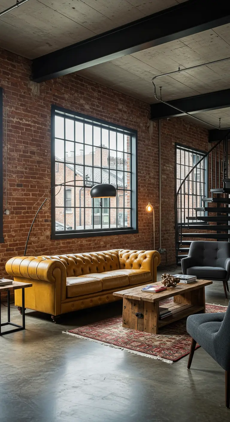 Sofá chesterfield mostaza en un loft industrial con pared de ladrillo y vigas de acero.