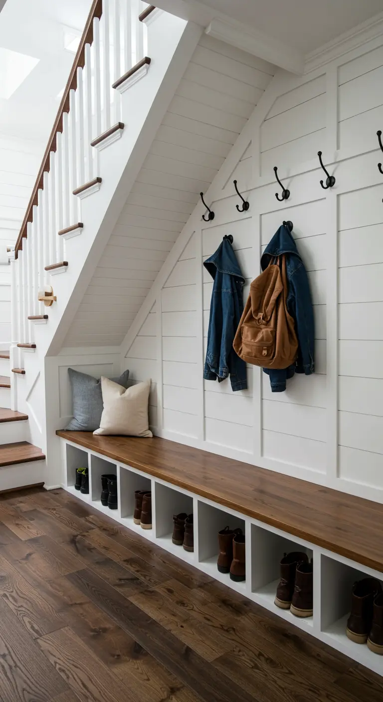 Recibidor funcional bajo una escalera blanca con banco de madera y ganchos negros