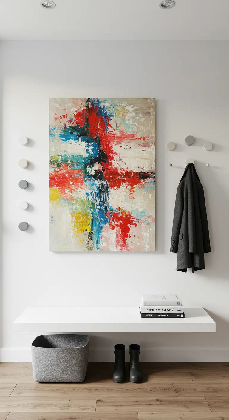 Recibidor minimalista con un gran cuadro de arte abstracto, banco flotante blanco y ganchos discretos.