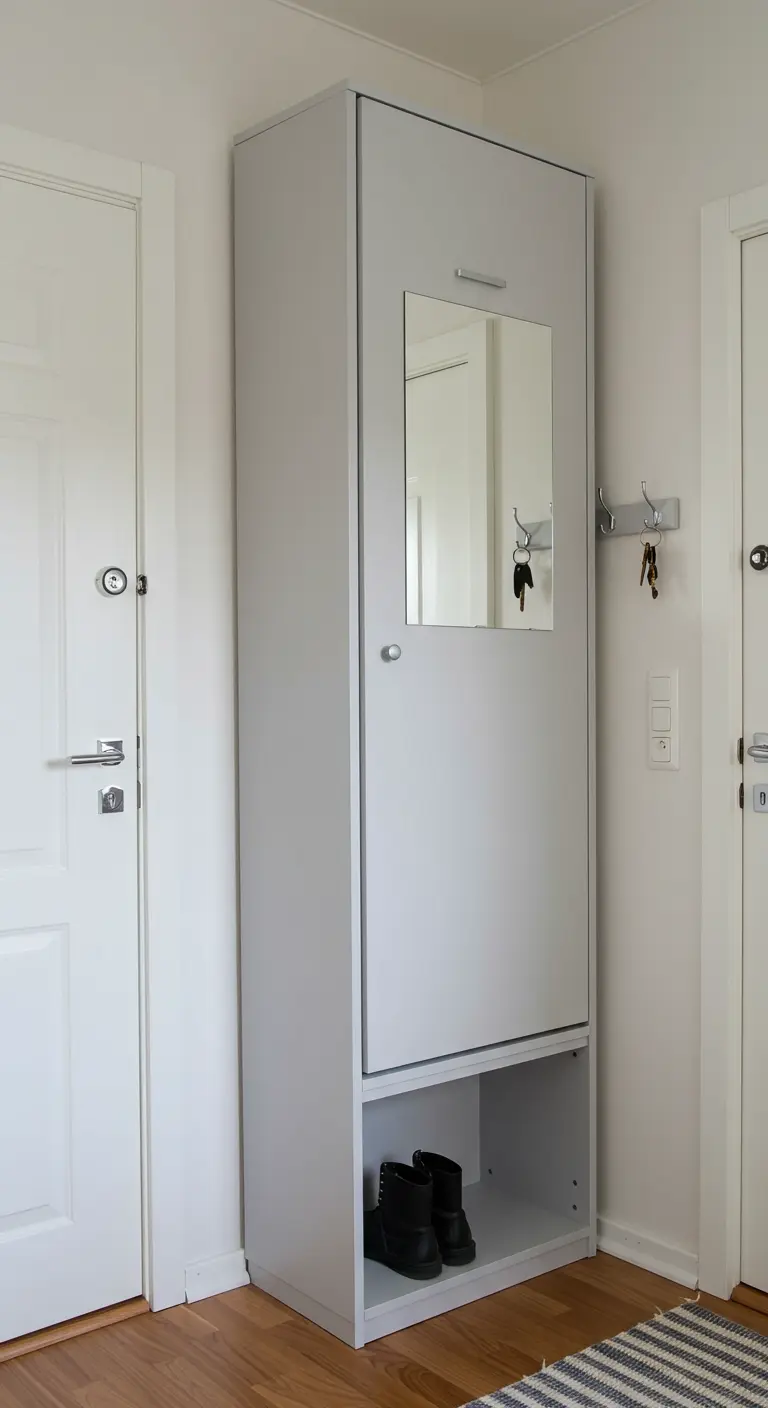 Mueble de entrada alto y estrecho de color gris con zapatero abatible, espejo y perchero.