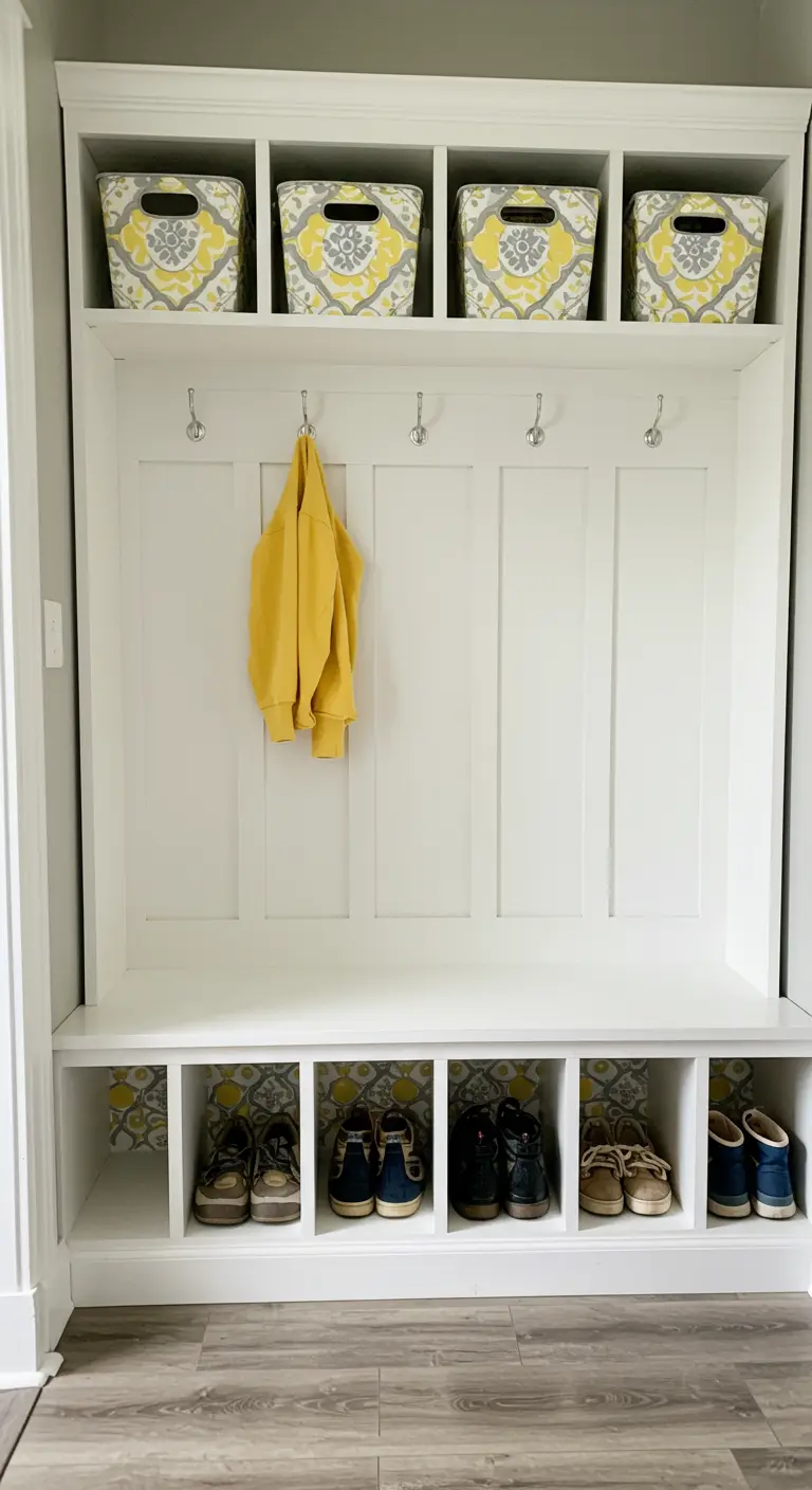Mueble de recibidor blanco con cubículos para zapatos forrados en su interior con papel tapiz amarillo y gris con patrón geométrico.