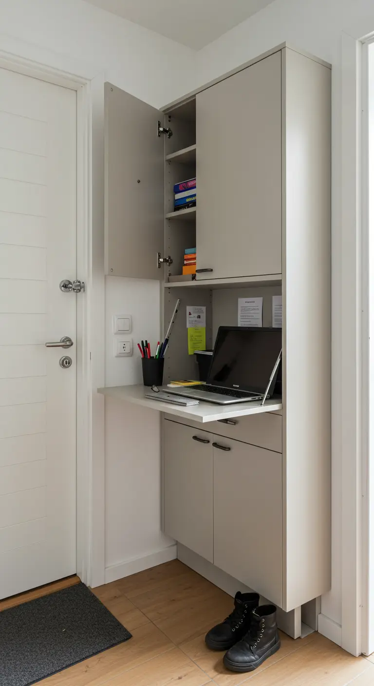 Mueble de entrada estrecho con escritorio plegable y almacenamiento superior e inferior.
