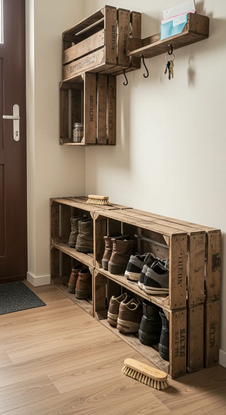 Mueble de entrada con cajas de madera que sirve como zapatero y estante para llaves.